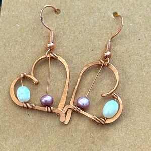 Handcrafted Copper Heart Earrings with Pearl Accents